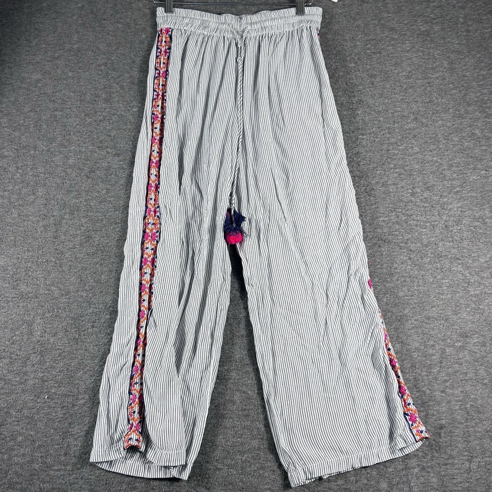 Women Pants Sz S Viscose Pull On Embroidery Wide Leg Tassels Boho Coastal Beach